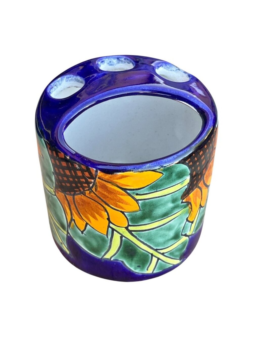 Hand-Painted Talavera Ceramic Toothbrush Holder Sunflower Design Made In Mexico
